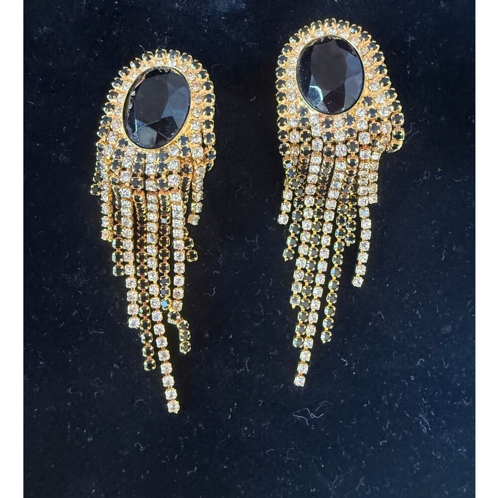 Vintage Sorrelli Gold Tone Black Crystal Halo Rhinestone Fringe Clip Earrings